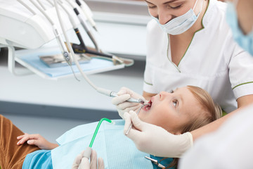 Skillful female dentist is treating small patient