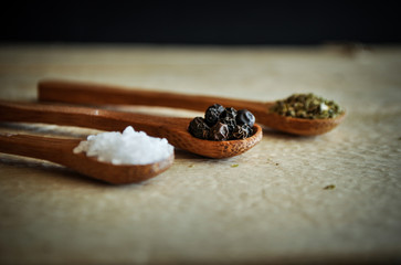 Sea salt and peppercorns and oregano on wooden spoons