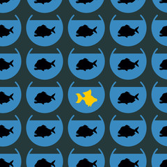 Goldfish in flock Piranha seamless pattern. Not like other. Diff