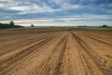 Beautiful landscape with plowed field under sky