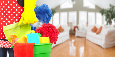 Maid hands with cleaning tools.