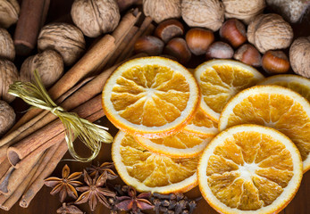 cinnamon sticks, cloves, anise stars,walnuts and slices of dried citrus