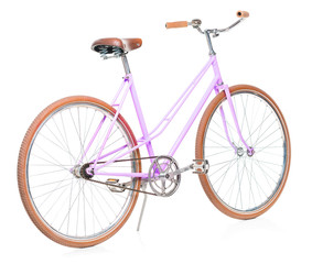 Stylish womens pink bicycle isolated on white