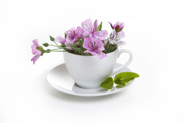white cup with flowers