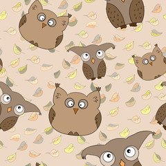 Vector seamless pattern with cute owls, leaves