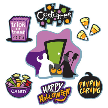 Trick or treat illustration collection, trick or treaters, and candy