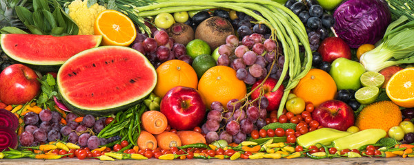 Large group of tropical fresh fruits and vegetables organic for healthy