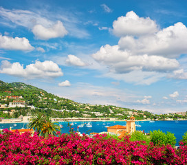 Mediterranean sea landscape with cloudy blue sky. French riviera