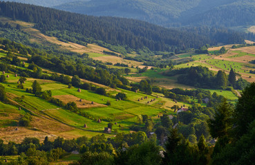 Naklejka premium wieczorny krajobraz wsi karpackiej