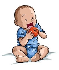 Bebe pequeño sosteniendo y comiendo una manzana primeros alimentos