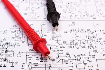 Diagram of electronics printed circuit board and cable of multimeter