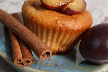 Fresh baked muffins with plums and cinnamon sticks on old wooden background, delicious dessert
