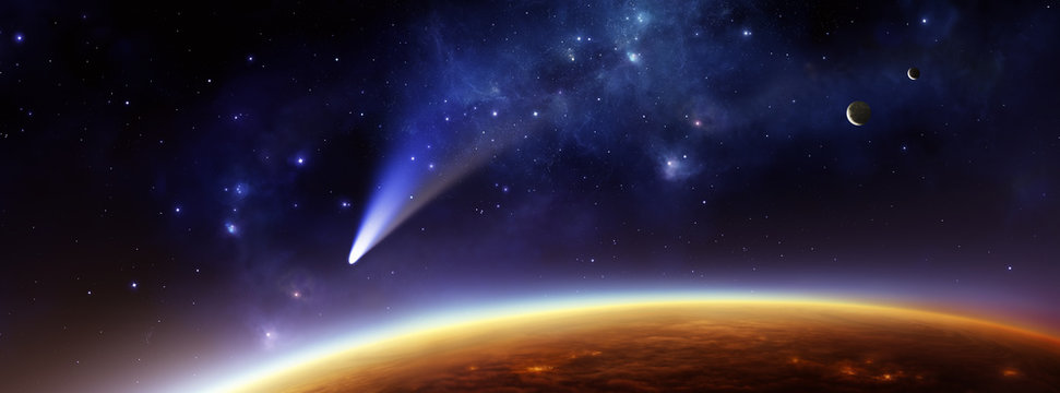 Fremder Planet mit Komet und zwei Monden