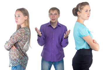 Confused blond man and two young women