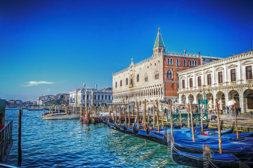 blue gondolas by San Marco shore in Venice