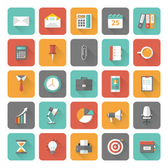 25 flat office and business icons with long shadow effect.