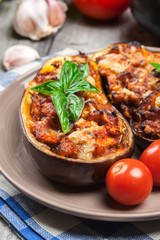 Baked eggplant with pieces of chicken
