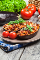Baked eggplant with pieces of chicken