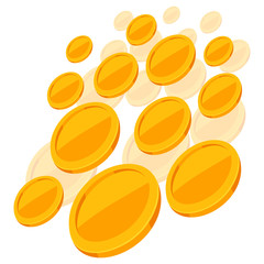 Shiny golden coins falling on white background