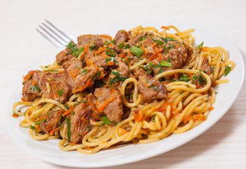 Pieces of meat and vegetables with spaghetti