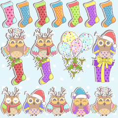 Christmas set of owls, gifts, Christmas socks and balloons