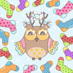 Christmas card with owl and Christmas socks on a blue background