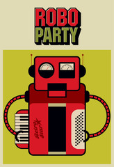 Party vintage poster with retro robot. Vector illustration.