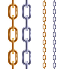 Realistic golden and steel chains seamless borders.