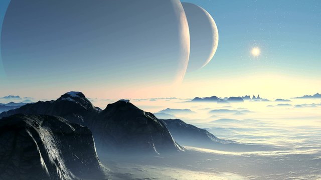 Two moon and Alien Planet. Two huge planet  is slowly moving in the starry sky. In the distance, the bright star. Underneath the stone rocky desert alien planet. 
