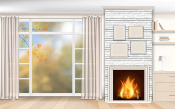 Living room interior with fireplace of white brick and autumn scenery outside the window.