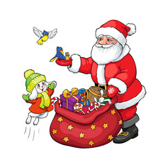 Santa Claus, rabbit and birds with Christmas gifts.