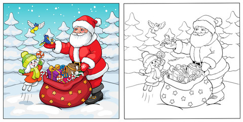 Coloring book. Santa Claus, rabbit and birds with gifts.