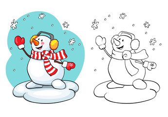 Coloring book. Vector card concept - Cute snowman.