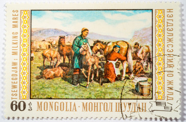 stamp printed in Mongolia shows "milking mares"; series Tsewegdjaw, circa 1969