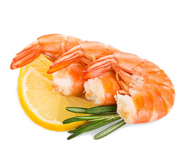 Tiger shrimps with lemon slice and rosemary. Prawns with lemon slice and rosemary isolated on a...