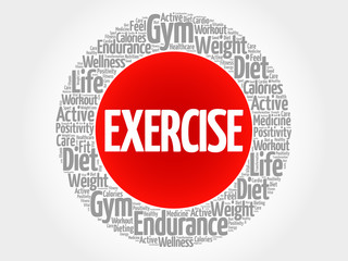 EXERCISE circle stamp word cloud, fitness, sport, health concept