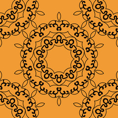 Seamless mandala in outlines on orange background.