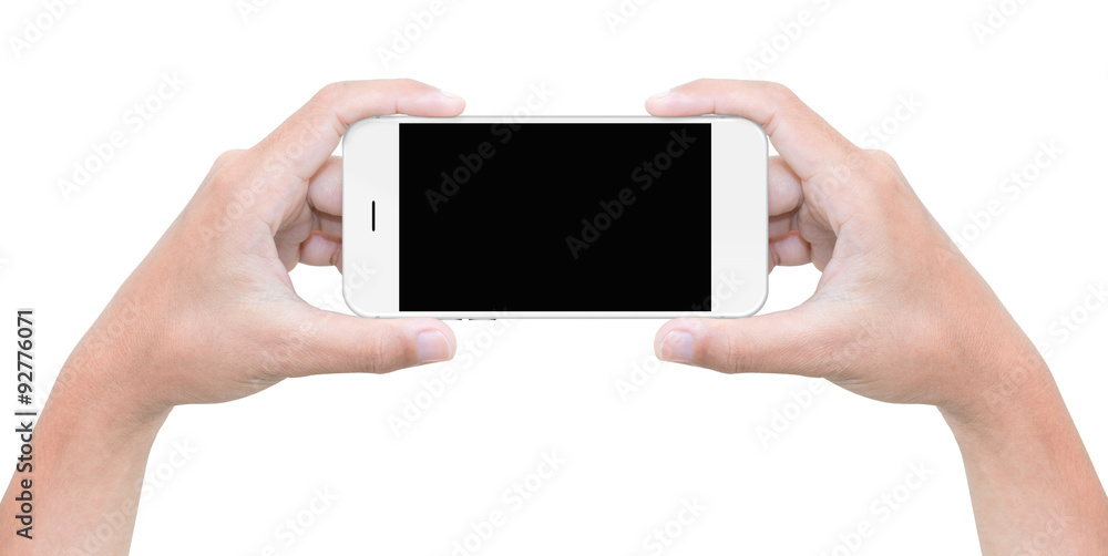 Poster hand hold phone isolated on white with clipping path inside