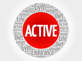 ACTIVE circle stamp word cloud, fitness, sport, health concept