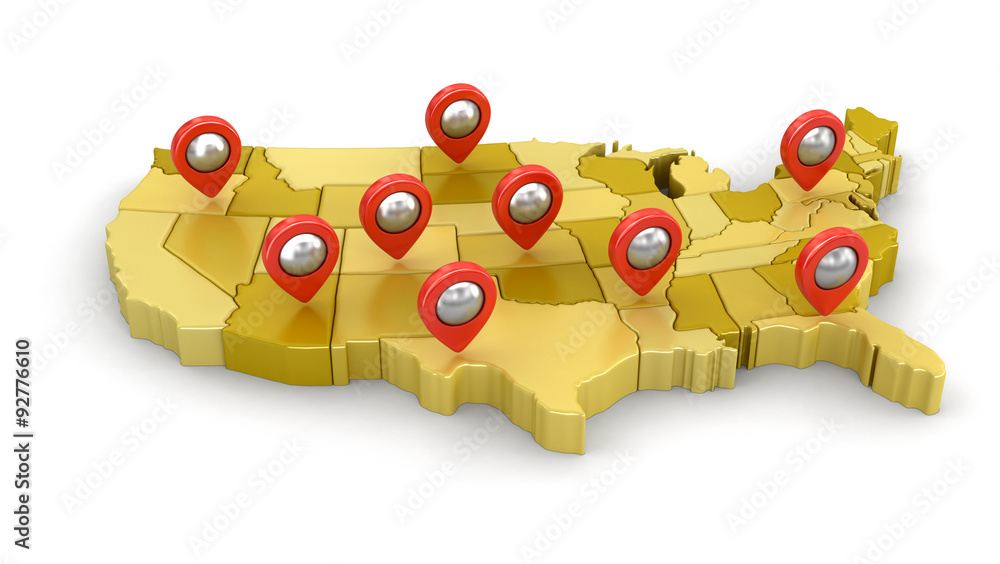 Poster map of usa with pointers. image with clipping path.