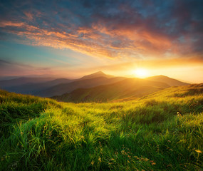 Mountain valley during sunrise. Natural summer landscape © biletskiyevgeniy