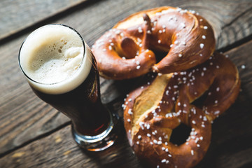 Dark beer and salted pretzel