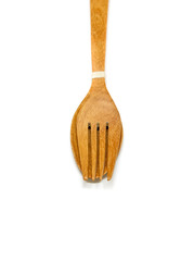 Spoon and fork made of wood on white background