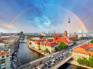 Fototapeta premium Berlin city with rainbow, Germany