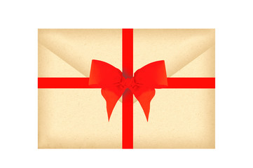 Letter envelope with red ribbon and bow isolated on white