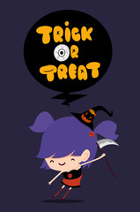 trick or treat font poster design with cute girl dress as witch