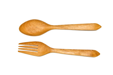 Spoon and fork made of wood on white background