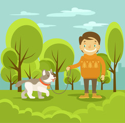 Obraz na płótnie Canvas Vector boy with dog. Vector flat illustration