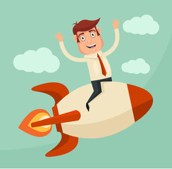 Startup Business. Businessman on a rocket. Vector flat illustration