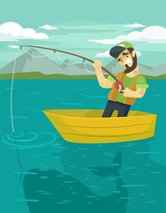  Fisherman catching a big fish. Vector flat illustration